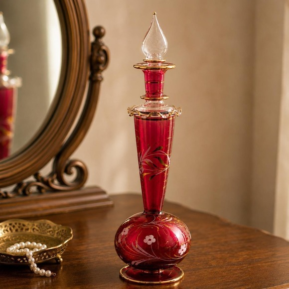 Other - Hand Blown‎ Egyptian Art Glass Perfume Bottle Cranberry Red Gold 12 Inch VTG 90s